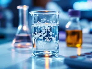 Glazen laboratoriumbekerglas met helder water en beginnende bacteriekolonies op steriele witte werkbank naast testapparatuur