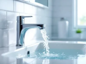 Chrome kraan met heldere waterstraal in witte porseleinen wastafel, moderne badkamer met tegels en roestvrijstalen accenten