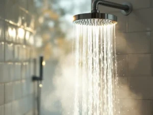 Chrome douchekop met stromend heet water in witte betegelde badkamer, stoomwolkjes in ochtendlicht door matglas raam