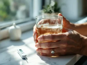 Verweerde handen houden helder glas water vast bij raam met thermometer op witte marmeren aanrecht