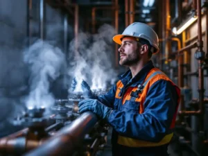 Wateringenieur in veiligheidsuitrusting inspecteert roestvrijstalen leidingsysteem met stoom in industriële faciliteit