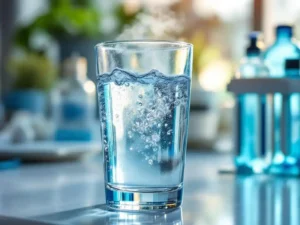 Glas helder water met condensdruppels op laboratoriumtafel, testapparatuur op achtergrond, natuurlijk licht