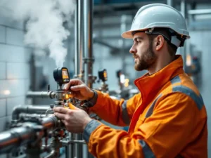 Watertechnicus in veiligheidsuitrusting past temperatuurmeetapparaat aan op roestvrijstalen leidingsysteem met stoom