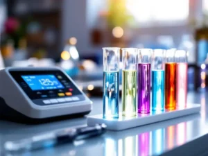 Professionele watertestkit met glazen buisjes heldere zwembadwatermonsters, pH-teststrips en digitaal meetapparaat op laboratoriumtafel