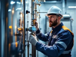 Watertechnicus in veiligheidspak past temperatuurregelklep aan op roestvrijstalen boiler in schone technische ruimte