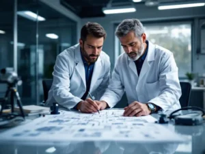 Wateringenieur in witte laboratoriumjas bestudeert gedetailleerd gebouwwatersysteem diagram op conferentietafel met meetinstrumenten