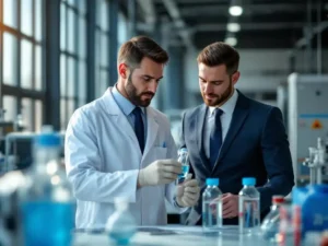 Waterkwaliteitsinspecteur in witte laboratoriumjas onderzoekt watermonsters met gemeenteambtenaar in modern lab