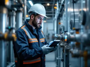 Waterkwaliteitsinspecteur in veiligheidsuitrusting onderzoekt leidingsysteem met digitaal testapparaat in moderne technische ruimte