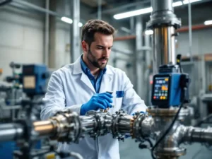 Waterkwaliteitsinspecteur in witte laboratoriumjas onderzoekt roestvrijstalen leidingverbinding met digitaal testapparaat in industriële faciliteit