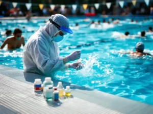 Waterkwaliteitstechnicus in beschermende kleding neemt watermonster uit druk zwembad met zwemmers op achtergrond