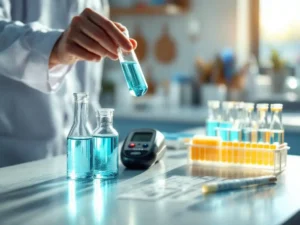 Waterkwaliteit testkit met glazen reageerbuisjes met heldere zwembadwatermonsters op witte laboratoriumtafel, digitale pH-meter