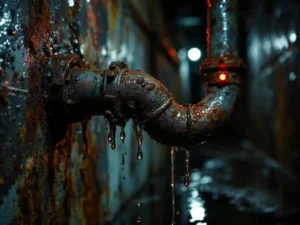 Verroeste waterleidingbuis met mineraalafzettingen en bacteriegroei in donkere kelderruimte met rode noodverlichting