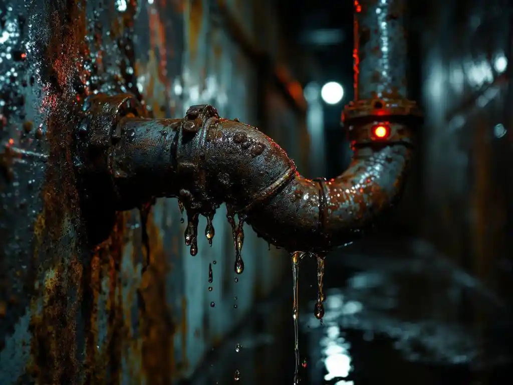 Verroeste waterleidingbuis met mineraalafzettingen en bacteriegroei in donkere kelderruimte met rode noodverlichting