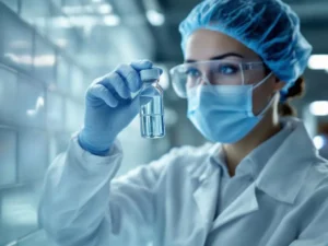 Laboratoriumtechnicus onderzoekt kristalhelder watermonster in glazen buisje tegen steriele witte tegels en roestvrijstalen oppervlakken