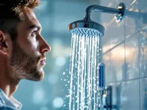 Waterinstallateur inspecteert chromen douchekop met precisie-thermometer in moderne witte badkamer