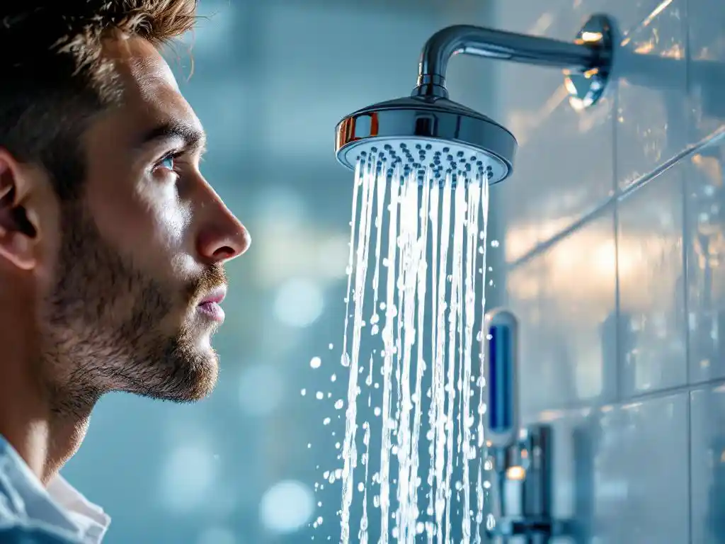 Waterinstallateur inspecteert chromen douchekop met precisie-thermometer in moderne witte badkamer