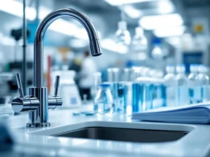 Professionele watertestkit met glazen reageerbuisjes en meetinstrumenten op laboratoriumtafel, roestvrijstalen kraan op voorgrond