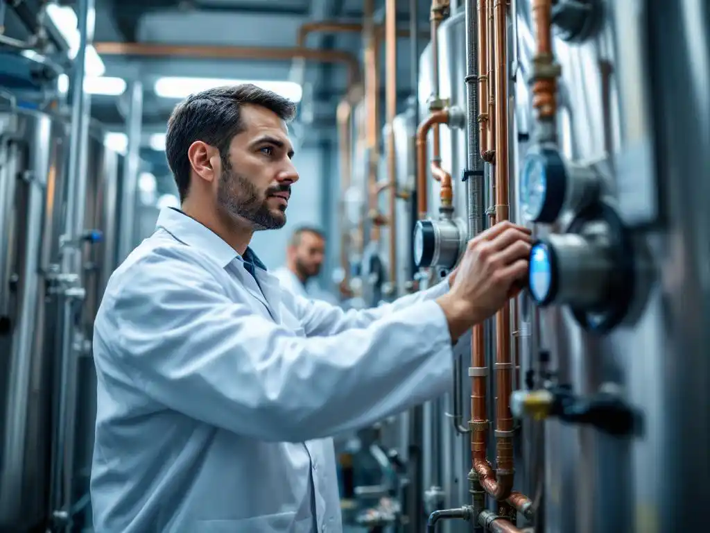 Watertechnicus in witte laboratoriumjas past temperatuurregelaar aan op roestvrijstalen boiler met koperen leidingen