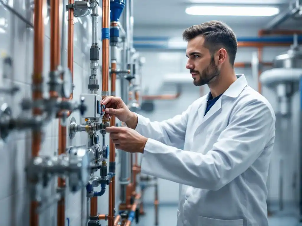 Watertechnicus in witte laboratoriumjas stelt temperatuurregelaars bij op moderne roestvrijstalen boiler