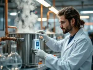 Laboratoriumtechnicus in witte jas stelt temperatuurregelaar in op roestvrijstalen waterverwarmingssysteem met stoom