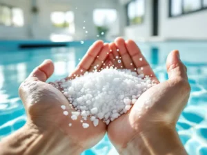 Witte zoutkristallen lossen op in helder zwembadwater en vormen wervelende patronen met belletjes