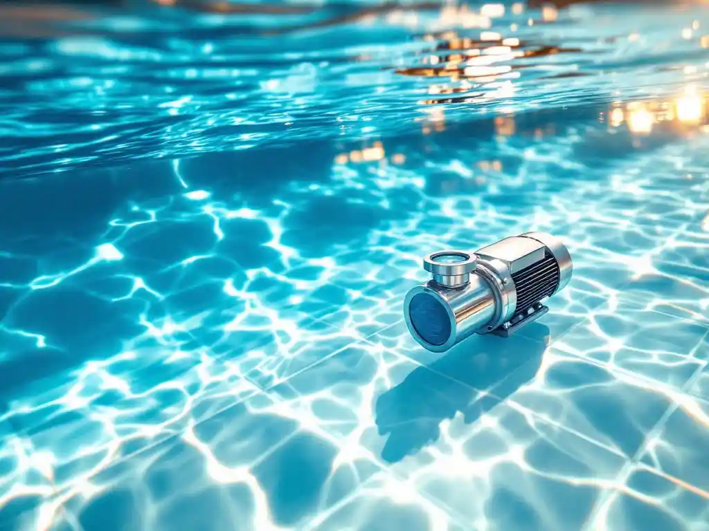 Kristalhelder zwembad met moderne circulatiepomp en roestvrijstalen behuizing op witte tegels, gouden zonlicht op water