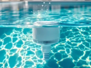 Zwembad met kristalhelder turquoise water naast troebel water tijdens filtratie, witte tegels en pH-testkit zichtbaar