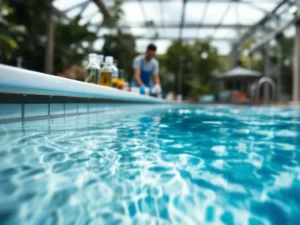 Zwembad met troebel water dat overgaat naar helder blauw water, watertestkit met pH-strips op poolrand, onderhoudsmonteur op achtergrond