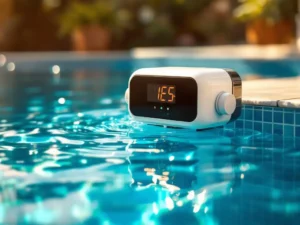 Geautomatiseerd watertestapparaat met digitale sensoren in helder zwembadwater, chromen monitoring-uitrusting bij poolrand