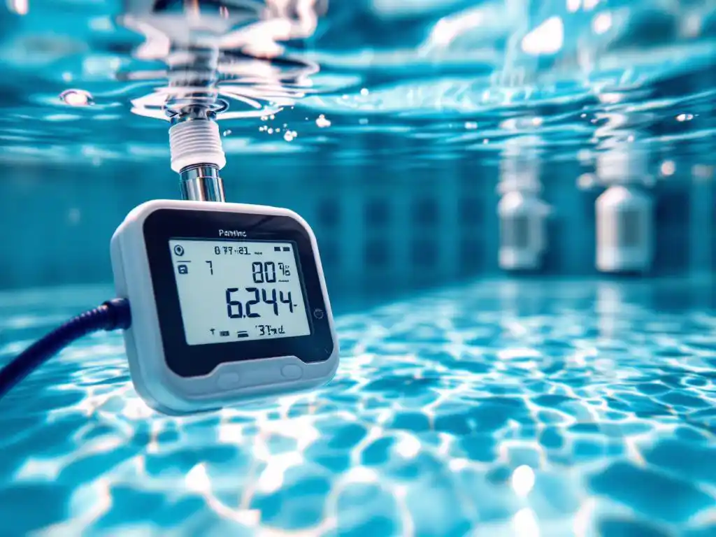 Digitale watertester toont optimale chemische waarden in kristalhelder zwembadwater met pompen en filtersystemen op achtergrond