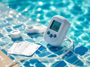 Digitale watertester met LED-scherm aan zwembadrand, sonde in helder blauw water, teststrips op natte tegels