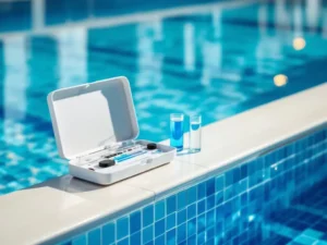 Watertestkit met glazen reageerbuisjes op zwembadrand naast kristalhelder zwembadwater met reflecties