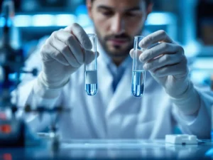 Wetenschapper in witte laboratoriumjas onderzoekt twee glazen reageerbuizen met helder zwembadwater op laboratoriumwerkbank