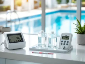 Professionele watertestkit met glazen buisjes heldere zwembadwatermonsters, pH-meter en chloorstrips op witte laboratoriumtafel