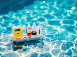 Professionele watertestkit met pH-strips en reagentia aan rand van helderblauw zwembad met zonlicht
