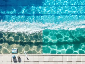 Zwembad met helderblauw water dat overgaat in troebel groenig water, testkits en pH-strips op witte tegels