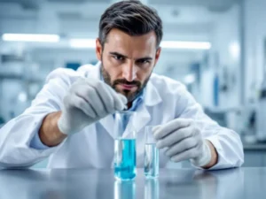 Waterkwaliteitsspecialist in witte laboratoriumjas onderzoekt heldere zwembadwatermonsters in glazen reageerbuizen op roestvrijstalen werkblad