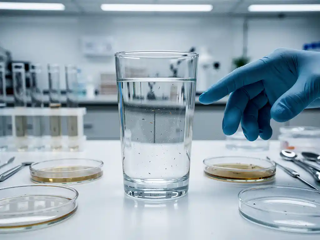 Glazen beker kraanwater met microscopische organismen op witte laboratoriumtafel, handschoen reikt naar monster