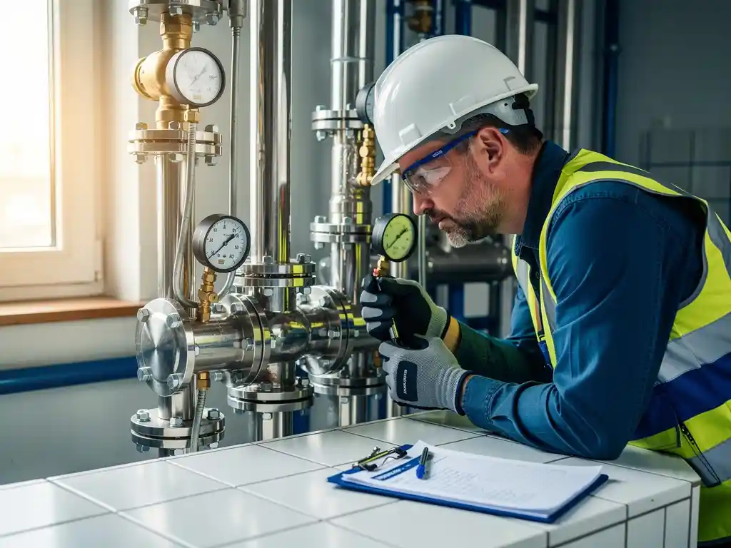 Waterinstallateur in veiligheidskleding inspecteert chromen leidingen en drukmeter in moderne Nederlandse utiliteitskamer