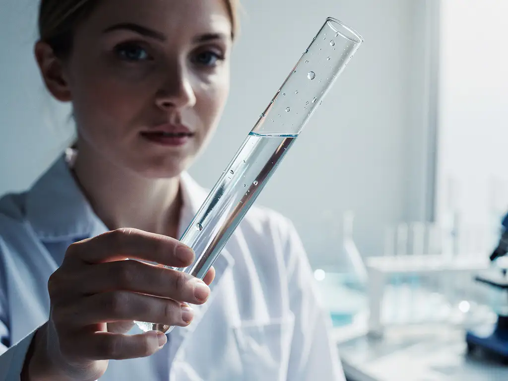 Laboratoriummedewerker houdt glazen reageerbuis met helder water tegen natuurlijk licht voor kwaliteitsanalyse