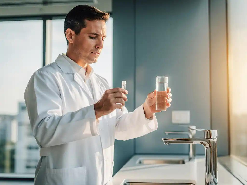 Waterkwaliteitsinspecteur in witte laboratoriumjas onderzoekt chromen kraan met glazen monster in modern kantoorgebouw