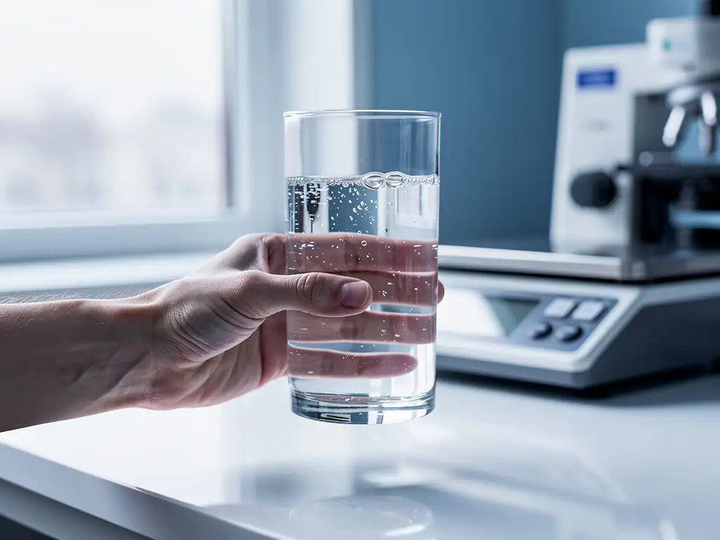 Kristalhelder glas water met luchtbelletjes gehouden tegen natuurlijk raamlicht op witte laboratoriumtafel
